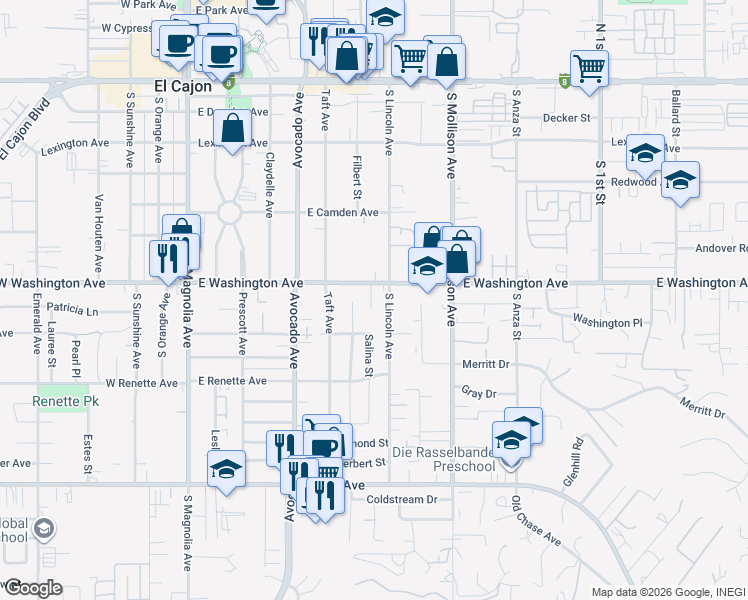 map of restaurants, bars, coffee shops, grocery stores, and more near 655 East Washington Avenue in El Cajon