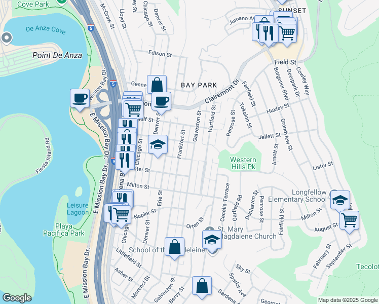map of restaurants, bars, coffee shops, grocery stores, and more near 2424 Galveston Street in San Diego