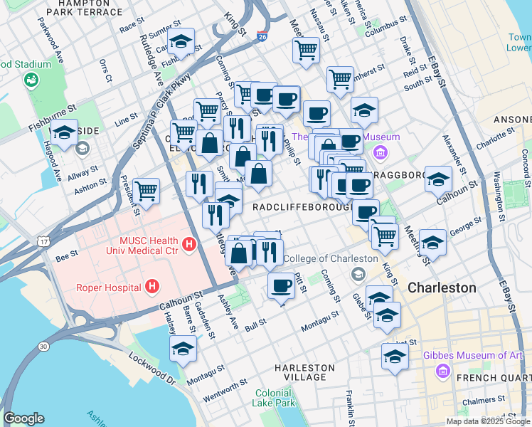 map of restaurants, bars, coffee shops, grocery stores, and more near 16 Thomas Street in Charleston