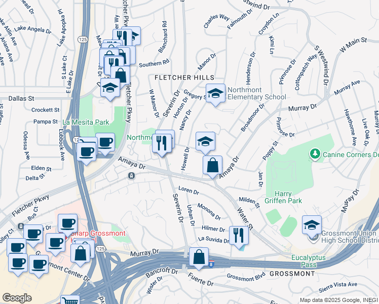 map of restaurants, bars, coffee shops, grocery stores, and more near 5981 Howell Drive in La Mesa