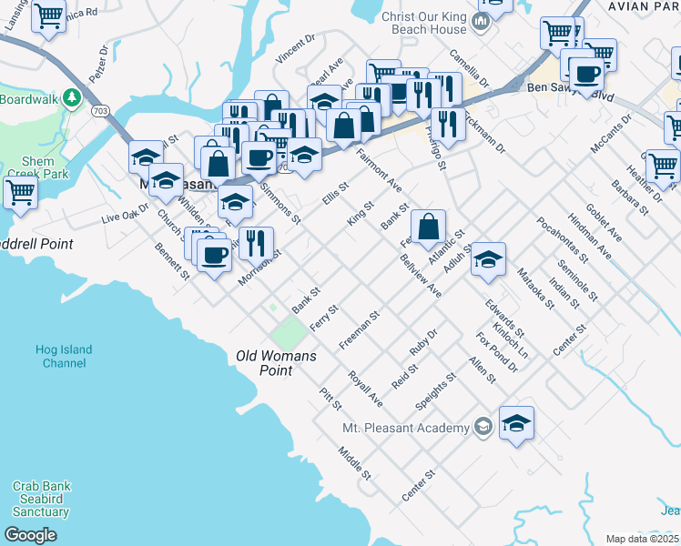 map of restaurants, bars, coffee shops, grocery stores, and more near 515 Bank Street in Mount Pleasant