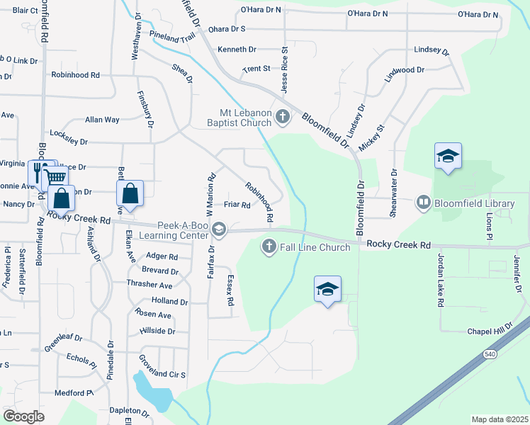 map of restaurants, bars, coffee shops, grocery stores, and more near 2134 Robinhood Road in Macon
