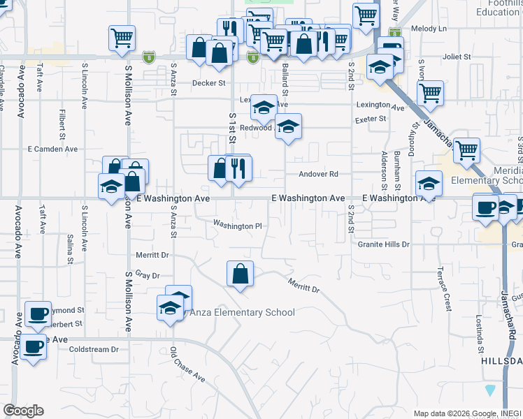 map of restaurants, bars, coffee shops, grocery stores, and more near 740 Washington Heights Road in El Cajon