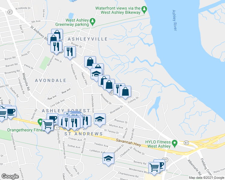 map of restaurants, bars, coffee shops, grocery stores, and more near 701 South Carolina 171 in Charleston