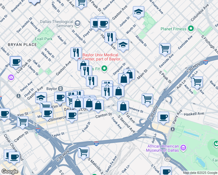 map of restaurants, bars, coffee shops, grocery stores, and more near 3712 Race Street in Dallas