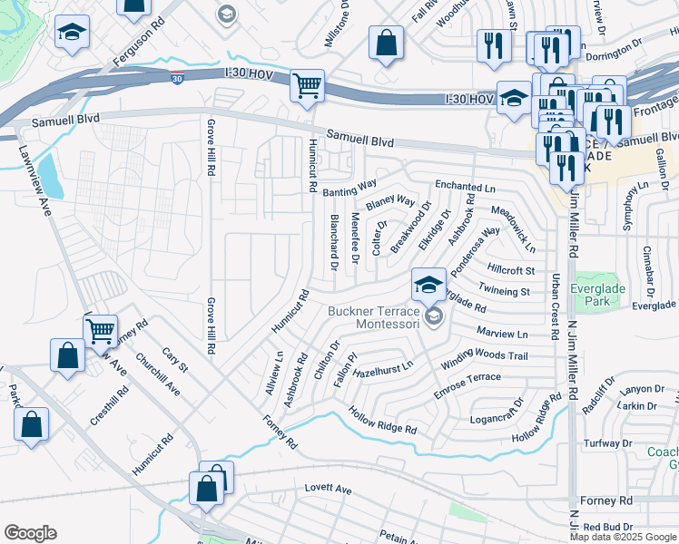 map of restaurants, bars, coffee shops, grocery stores, and more near 5006 Blanchard Drive in Dallas