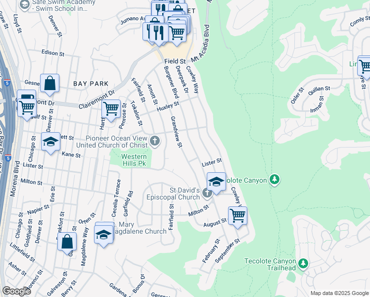 map of restaurants, bars, coffee shops, grocery stores, and more near 2537 Grandview Street in San Diego
