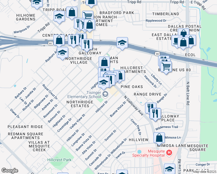 map of restaurants, bars, coffee shops, grocery stores, and more near 1827 North Galloway Avenue in Mesquite