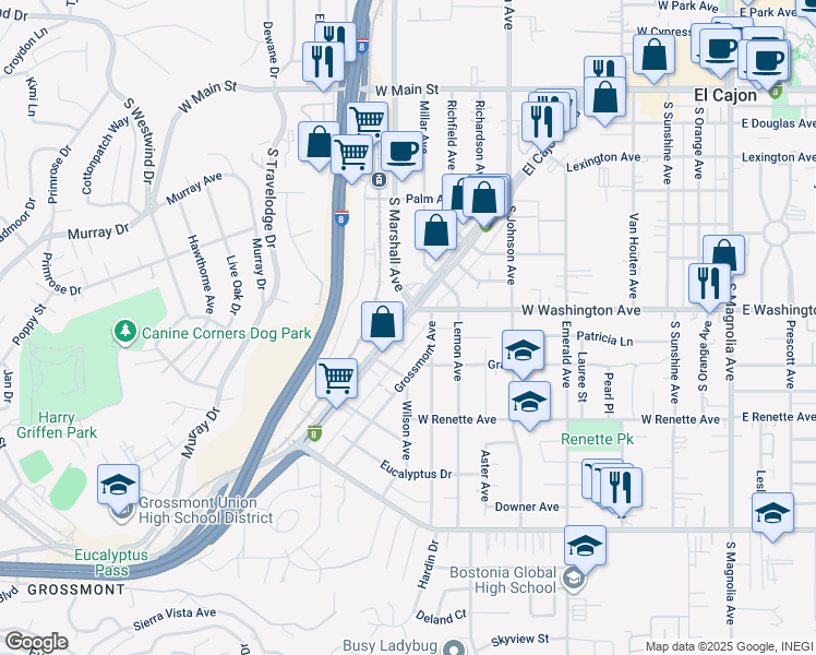 map of restaurants, bars, coffee shops, grocery stores, and more near 735 El Cajon Boulevard in El Cajon