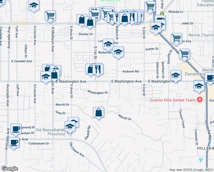map of restaurants, bars, coffee shops, grocery stores, and more near 740 Washington Heights Road in El Cajon