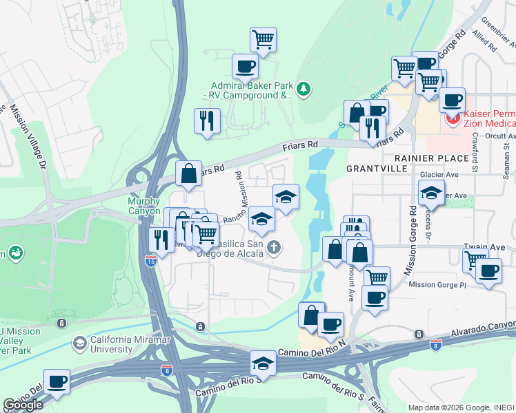 map of restaurants, bars, coffee shops, grocery stores, and more near 6255 Rancho Mission Road in San Diego