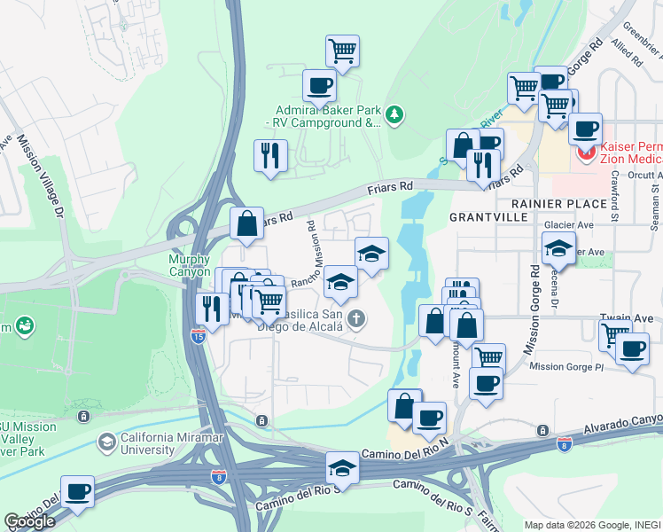 map of restaurants, bars, coffee shops, grocery stores, and more near 6255 Rancho Mission Road in San Diego