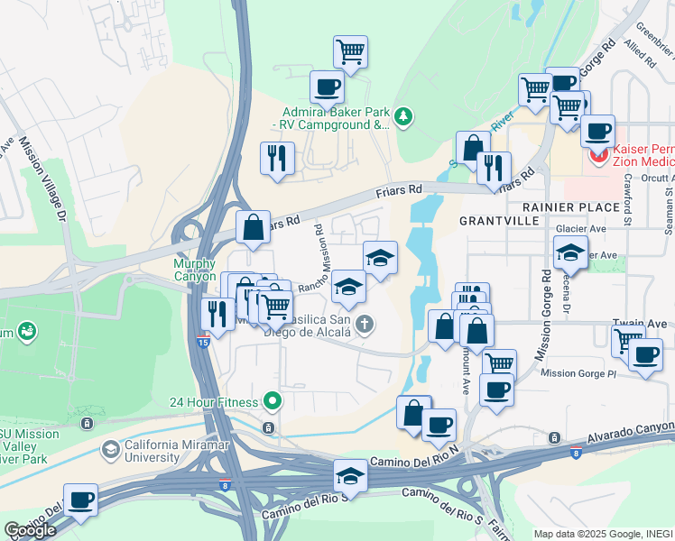 map of restaurants, bars, coffee shops, grocery stores, and more near 6255 Rancho Mission Road in San Diego