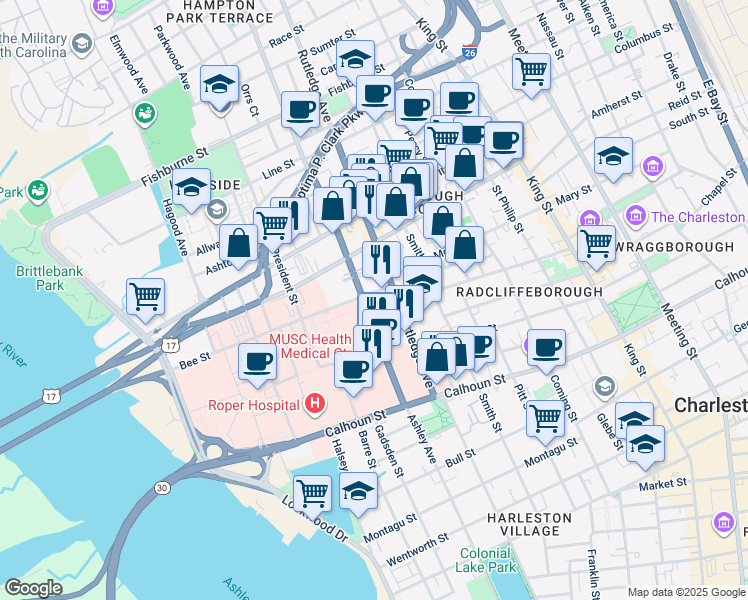 map of restaurants, bars, coffee shops, grocery stores, and more near 0 Bee Street in Charleston