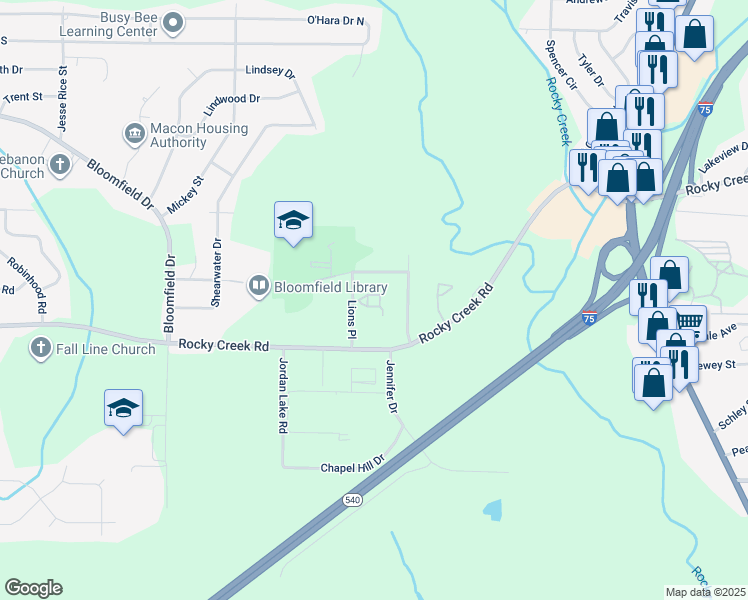 map of restaurants, bars, coffee shops, grocery stores, and more near 4141 Southview Drive in Macon