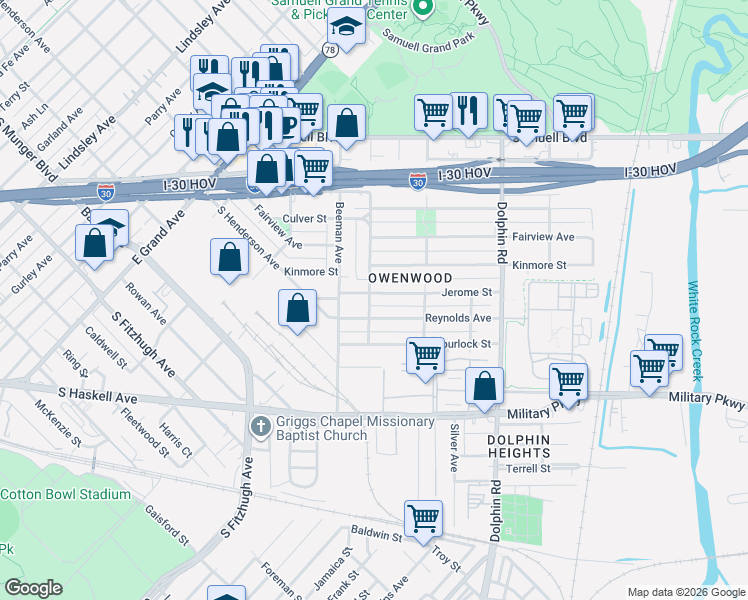 map of restaurants, bars, coffee shops, grocery stores, and more near 3014 Jerome Street in Dallas