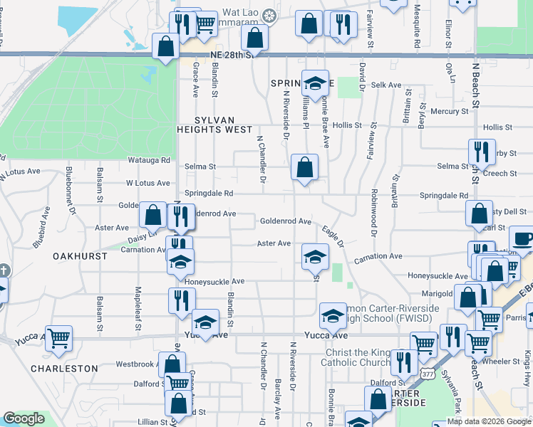 map of restaurants, bars, coffee shops, grocery stores, and more near 3005 Goldenrod Avenue in Fort Worth