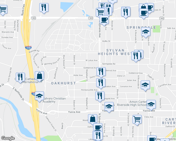 map of restaurants, bars, coffee shops, grocery stores, and more near 1805 Mapleleaf Street in Fort Worth