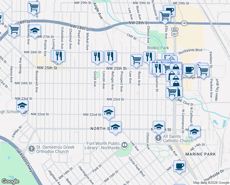 map of restaurants, bars, coffee shops, grocery stores, and more near 2308 Refugio Avenue in Fort Worth