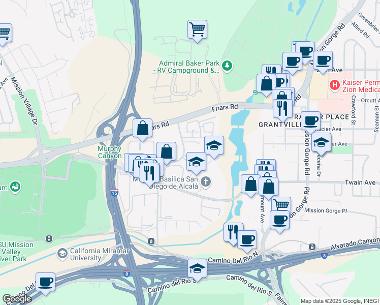 map of restaurants, bars, coffee shops, grocery stores, and more near 6295 Rancho Mission Road in San Diego