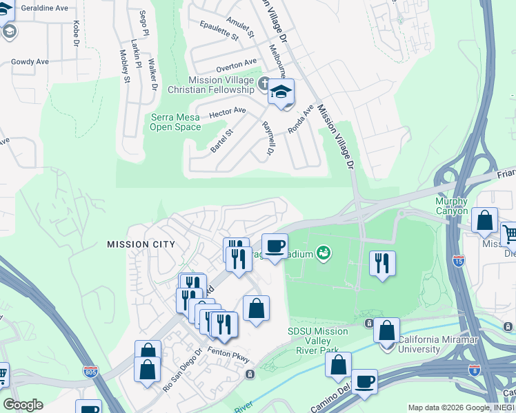 map of restaurants, bars, coffee shops, grocery stores, and more near 2571 Old Quarry Road in San Diego