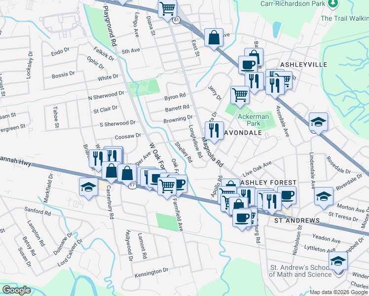 map of restaurants, bars, coffee shops, grocery stores, and more near 728 Shelley Road in Charleston
