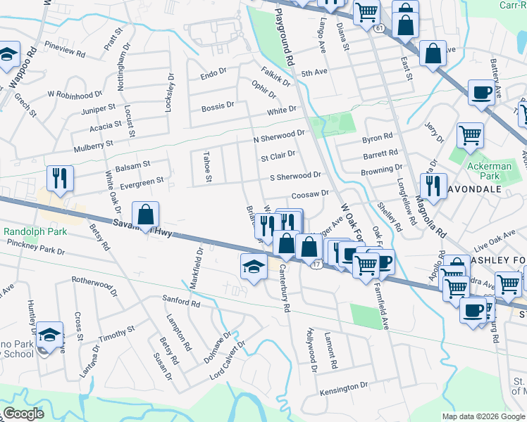 map of restaurants, bars, coffee shops, grocery stores, and more near 643 Wantoot Boulevard in Charleston