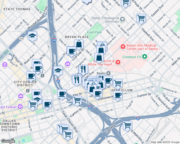 map of restaurants, bars, coffee shops, grocery stores, and more near 2801 Gaston Avenue in Dallas