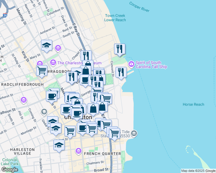 map of restaurants, bars, coffee shops, grocery stores, and more near 5 Gadsdenboro Street in Charleston