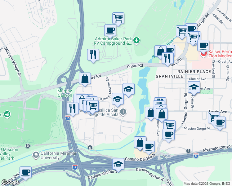 map of restaurants, bars, coffee shops, grocery stores, and more near 6255 Rancho Mission Road in San Diego