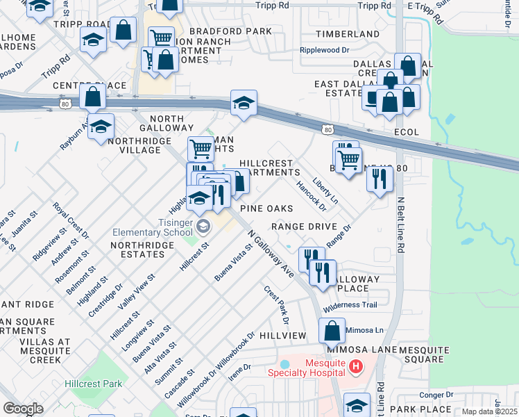 map of restaurants, bars, coffee shops, grocery stores, and more near 1732 North Galloway Avenue in Mesquite