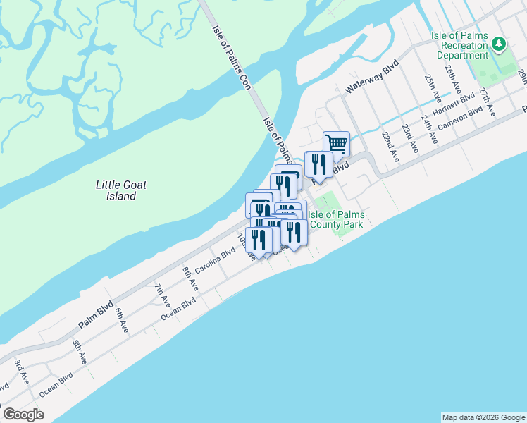 map of restaurants, bars, coffee shops, grocery stores, and more near 1 11th Avenue in Isle of Palms