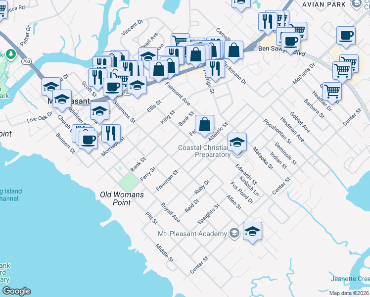 map of restaurants, bars, coffee shops, grocery stores, and more near 632 Atlantic Street in Mount Pleasant