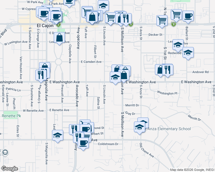 map of restaurants, bars, coffee shops, grocery stores, and more near 733 South Lincoln Avenue in El Cajon
