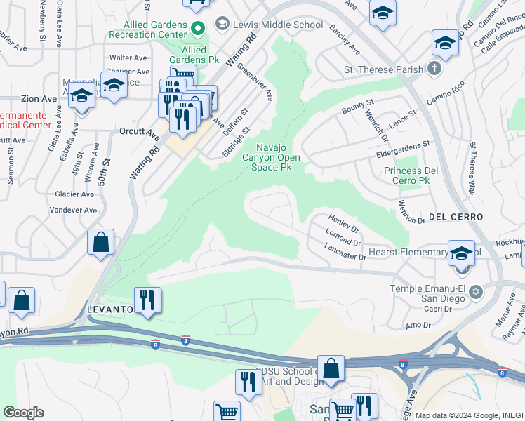 map of restaurants, bars, coffee shops, grocery stores, and more near 5572 Lancaster Drive in San Diego