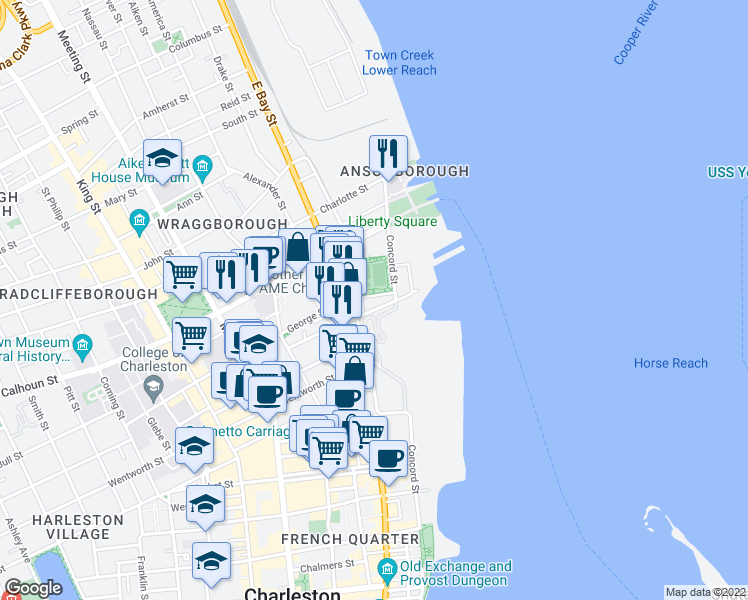 map of restaurants, bars, coffee shops, grocery stores, and more near 5 Gadsdenboro Street in Charleston