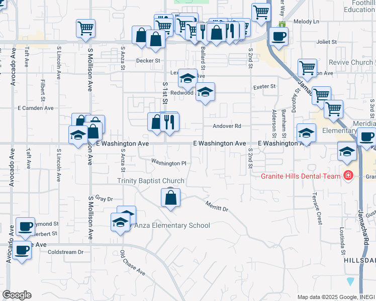 map of restaurants, bars, coffee shops, grocery stores, and more near 740 Washington Heights Road in El Cajon