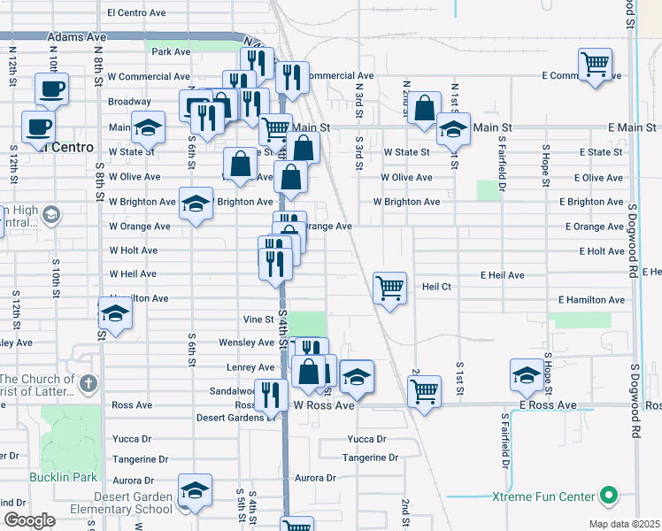 map of restaurants, bars, coffee shops, grocery stores, and more near 262 West Heil Avenue in El Centro