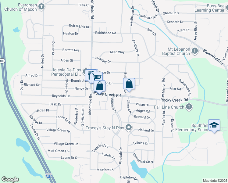 map of restaurants, bars, coffee shops, grocery stores, and more near 2537 Rocky Creek Road in Macon