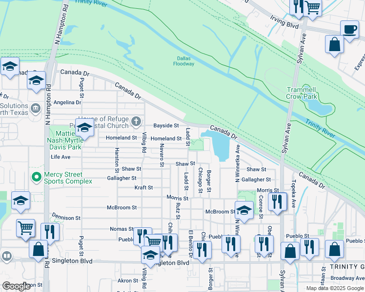 map of restaurants, bars, coffee shops, grocery stores, and more near 1511 Bickers Street in Dallas