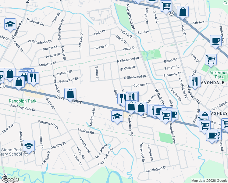 map of restaurants, bars, coffee shops, grocery stores, and more near 15 Briarcliff Drive in Charleston