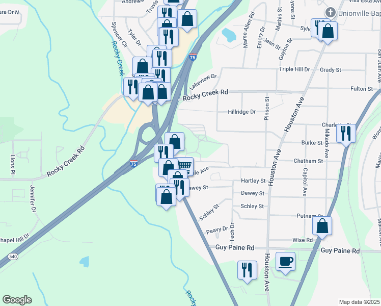map of restaurants, bars, coffee shops, grocery stores, and more near 1294 Glendale Avenue in Macon