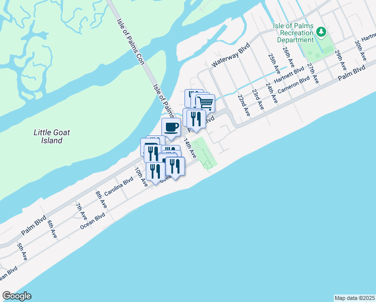 map of restaurants, bars, coffee shops, grocery stores, and more near 1400 Ocean Boulevard in Isle of Palms