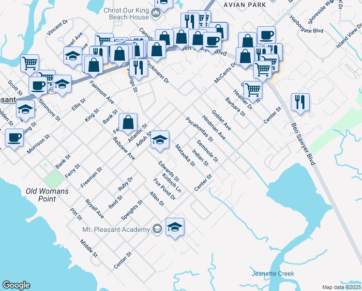 map of restaurants, bars, coffee shops, grocery stores, and more near 1434 Mataoka Street in Mount Pleasant