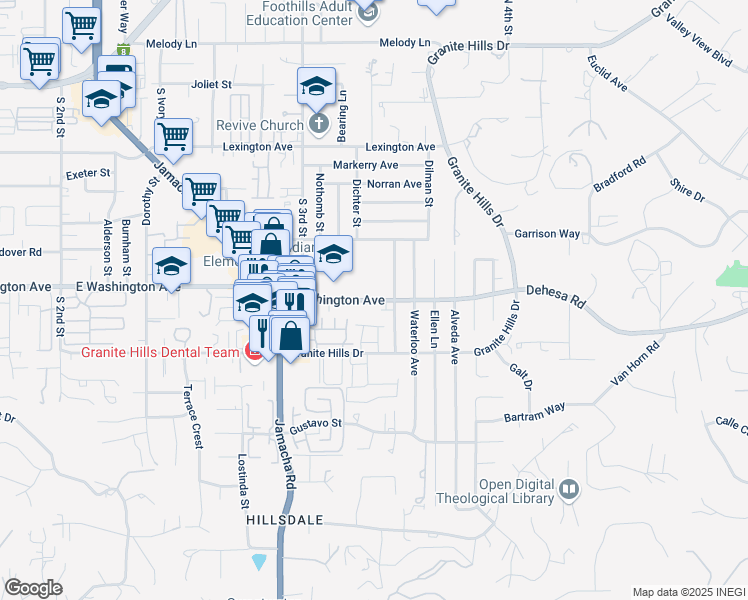 map of restaurants, bars, coffee shops, grocery stores, and more near 1593 East Washington Avenue in El Cajon