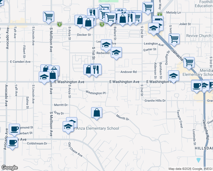 map of restaurants, bars, coffee shops, grocery stores, and more near 740 Washington Heights Road in El Cajon