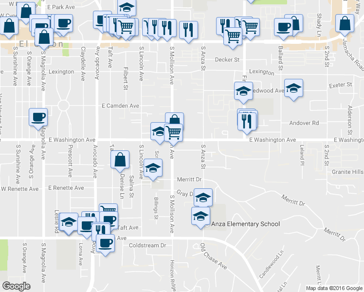 map of restaurants, bars, coffee shops, grocery stores, and more near 725 South Mollison Avenue in El Cajon