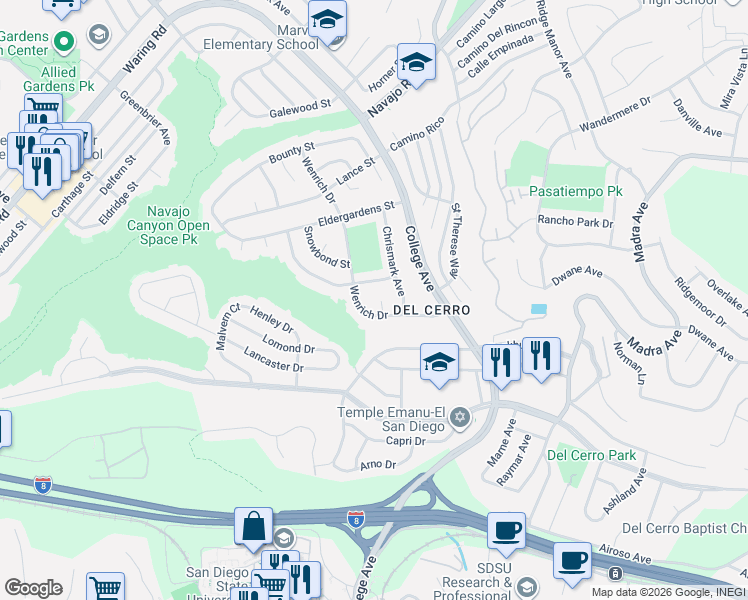 map of restaurants, bars, coffee shops, grocery stores, and more near 6093 Wenrich Drive in San Diego