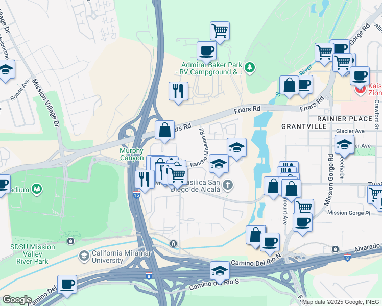 map of restaurants, bars, coffee shops, grocery stores, and more near 6304 Rancho Mission Road in San Diego