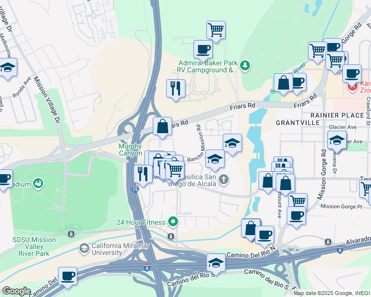 map of restaurants, bars, coffee shops, grocery stores, and more near 6304 Rancho Mission Road in San Diego